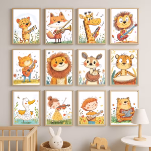 Galeria de pôsteres infantis com animais tocando instrumentos, ideal para decoração de quarto de bebê