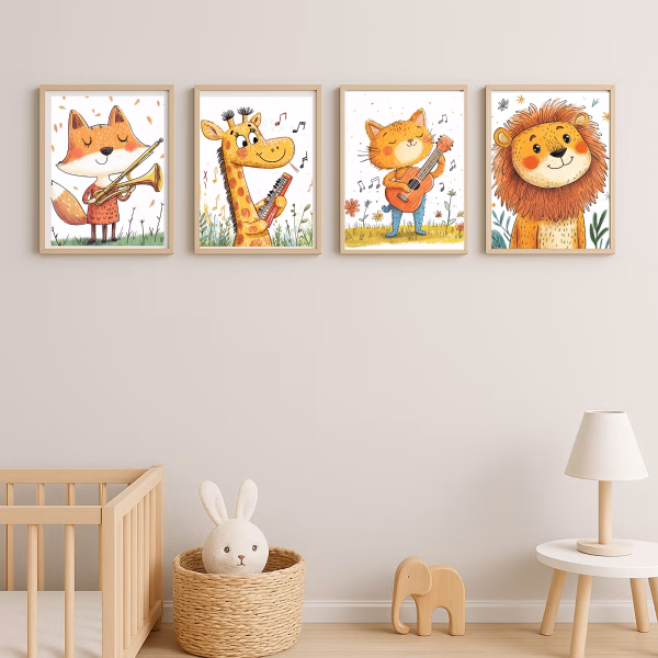 Quadro Infantil Animais Musicais em parede de quarto de bebê com decoração neutra