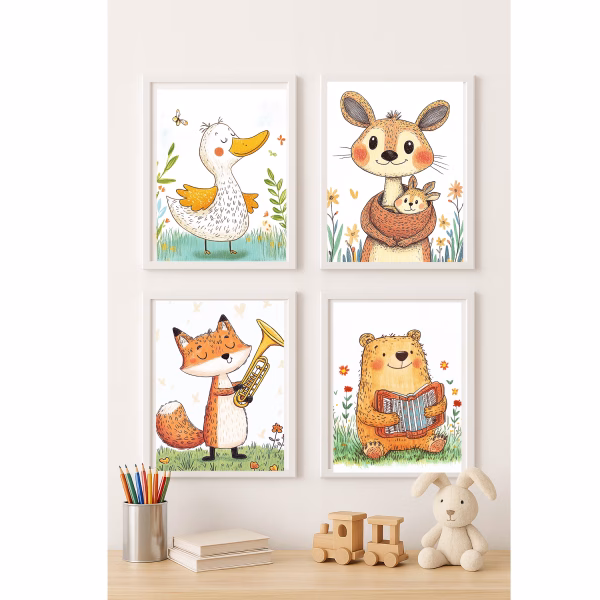 Mockup com pôsteres de animais músicos ideal para decorar consultórios pediátricos com delicadeza
