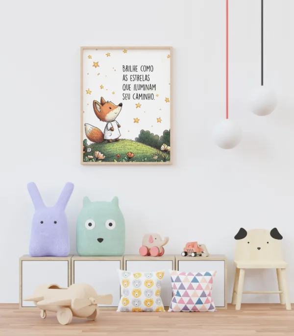 Ilustração infantil de raposa olhando para o céu estrelado com a frase inspiradora 'Brilhe como as estrelas que iluminam seu caminho'. Arte para decoração de quarto infantil.