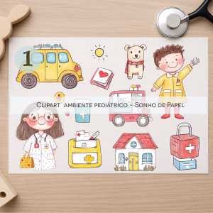 Clipart Ambiente Pediátrico com ilustrações fofas de médicos e enfermeiros, ambulâncias e elementos médicos, ideal para projetos de saúde infantil e pediatria.