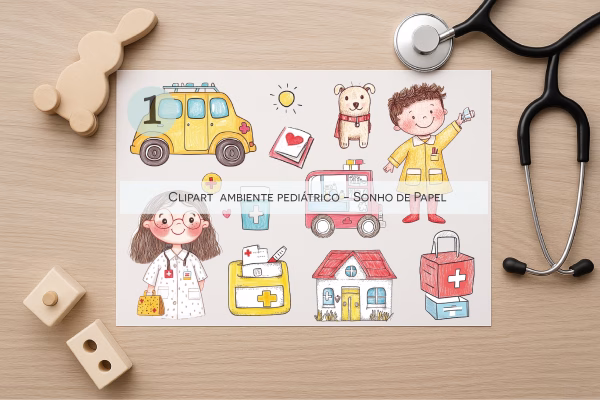 Clipart Ambiente Pediátrico com ilustrações fofas de médicos e enfermeiros, ambulâncias e elementos médicos, ideal para projetos de saúde infantil e pediatria.