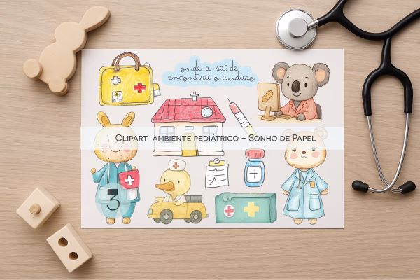 Clipart Ambiente Pediátrico com ilustrações fofas de médicos e enfermeiros, ambulâncias e elementos médicos, ideal para projetos de saúde infantil e pediatria.