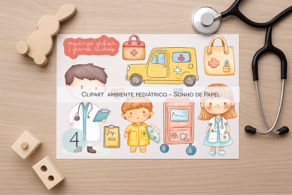 Clipart Ambiente Pediátrico com ilustrações fofas de médicos e enfermeiros, ambulâncias e elementos médicos, ideal para projetos de saúde infantil e pediatria.