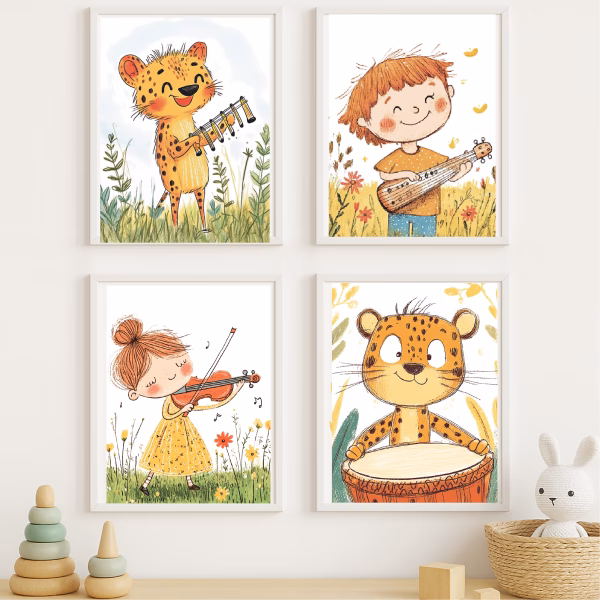 Mockup com pôsteres de animais músicos ideal para decorar consultórios pediátricos com delicadeza