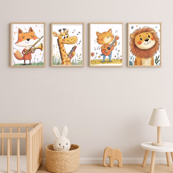 Quadro Infantil Animais Musicais em parede de quarto de bebê com decoração neutra