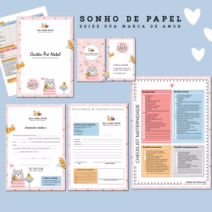Conjunto de papelaria para consultório pediátrico com logomarca personalizada e guias informativos