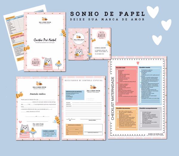 Conjunto de papelaria para consultório pediátrico com logomarca personalizada e guias informativos