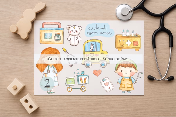 Clipart Ambiente Pediátrico com ilustrações fofas de médicos e enfermeiros, ambulâncias e elementos médicos, ideal para projetos de saúde infantil e pediatria.